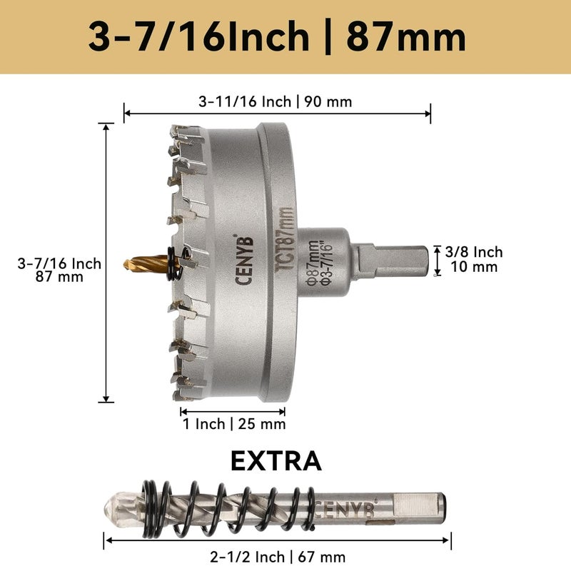 cenyb 3-7/16" (87mm) Tungsten Carbide Tipped Hole Saw with 2Pcs Titanium-Plated Pilot Drill Bits for Hard Metal,Stainless Steel,Iron,Aluminum Alloy,Wood and Plastic - Image 2
